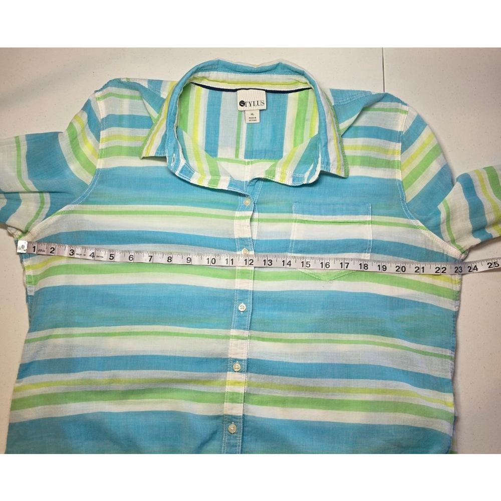 Stylus women’s XL striped 100% cotton long sleeve button up shirt blue green - Picture 9 of 10
